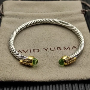 David Yurman 5mm Silver Cable Bracelet with Gold Station and Five-Row Pavé Light Green Diamond Accent