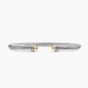 David Yurman 4mm Pavé Diamond Round-End Gold and Silver Bangle Bracelet