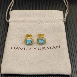 David Yurman 7mm Gold Square Blue Diamond Stud Earrings