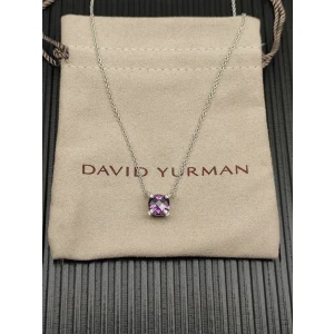 David Yurman Sterling Silver 8mm Four-Prong Purple Diamond Necklace Adjustable 42+3+3cm