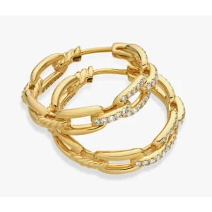 David Yurman 24x5mm Gold Diamond Pavé Link Hoop Earrings