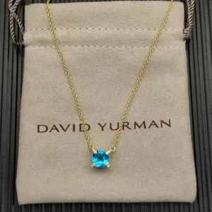 David Yurman Gold 8mm Four-Prong Blue Diamond Necklace