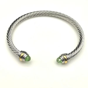 David Yurman 5mm Double Diamond End Light Green Diamond Cuff Bracelet Silver