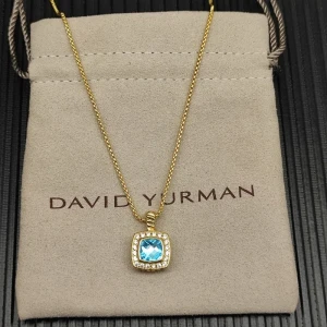 David Yurman Gold Square Blue Diamond Pendant Necklace, 1.5mm Chain, Length 45cm + 5cm