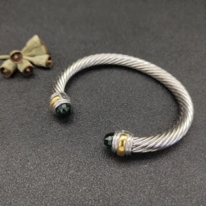 David Yurman 7mm Gold and Silver Double End Cap Deep Green Diamond Cable Bracelet