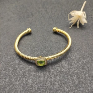 David Yurman Gold Tone 4mm Cable Square Green Diamond Cuff Bracelet