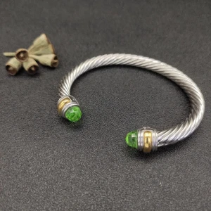 David Yurman Gold and Silver 7mm Double End Cap Bracelet with Light Green Pavé