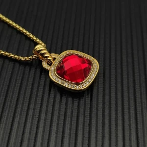 David Yurman Gold 14mm Square Red Diamond Necklace