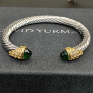 David Yurman 7mm Gold-Tone End Caps Sterling Silver Cable Cuff Bracelet Light Green Diamonds