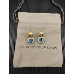 David Yurman Gold Blue Pavé Square Cable Drop Earrings