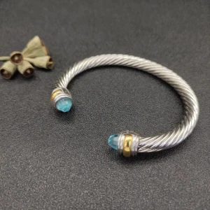 David Yurman 7mm Gold and Silver Double End Cap Blue Diamond Cable Bracelet