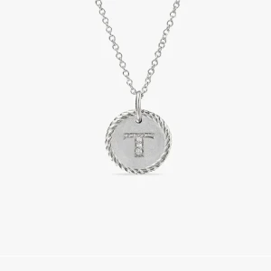 David Yurman Silver Diamond Letter T Round Pendant Necklace, Length 42cm + 3cm + 3cm