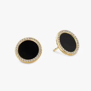 David Yurman 14mm Gold Black Onyx Diamond Circle Stud Earrings