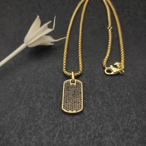 David Yurman Gold Tone Pavé Black Diamond Tag Necklace