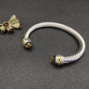 David Yurman Gold and Silver 7mm Double End Cap Cable Bracelet with Brown Pavé