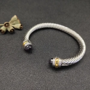 David Yurman 7mm Gold and Silver Double Diamond Station Purple Diamond Cuff Bracelet