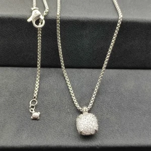 David Yurman 14mm Silver Four-Prong Pavé Diamond Necklace, 2mm Chain, 45+5cm Adjustable Length