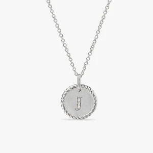 David Yurman Silver Diamond Letter J Round Pendant Necklace, Length 42cm + 3cm + 3cm