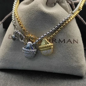 David Yurman Silver Half Pavé Diamond Necklace, 3mm Chain, 50+5cm Adjustable Length