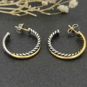 David Yurman Cable Hoop Earrings with Cylindrical Gold and Silver Accent