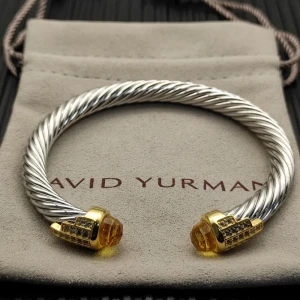 David Yurman 7mm Gold-Tone End Caps Sterling Silver Cable Cuff Bracelet Yellow Diamonds