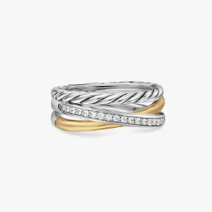 David Yurman Silver and Gold Pavé Twisted Cable Cylinder Ring