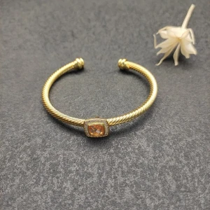 David Yurman Gold Tone 4mm Cable Square Purple Champagne Diamond Cuff Bracelet