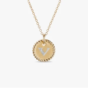 David Yurman Silver Diamond Letter V Round Pendant Necklace, Length 42cm + 3cm + 3cm