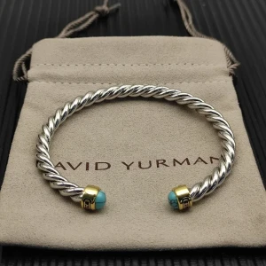 David Yurman 6mm Gold and Silver Turquoise Cable Cuff Bracelet